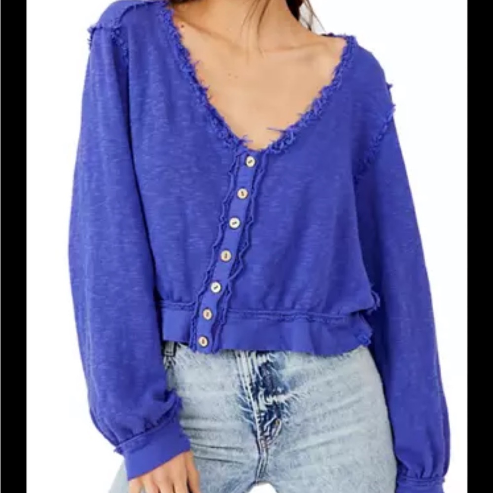 Free People Royal Blue Button-Front Distressed V-Neck Cardigan